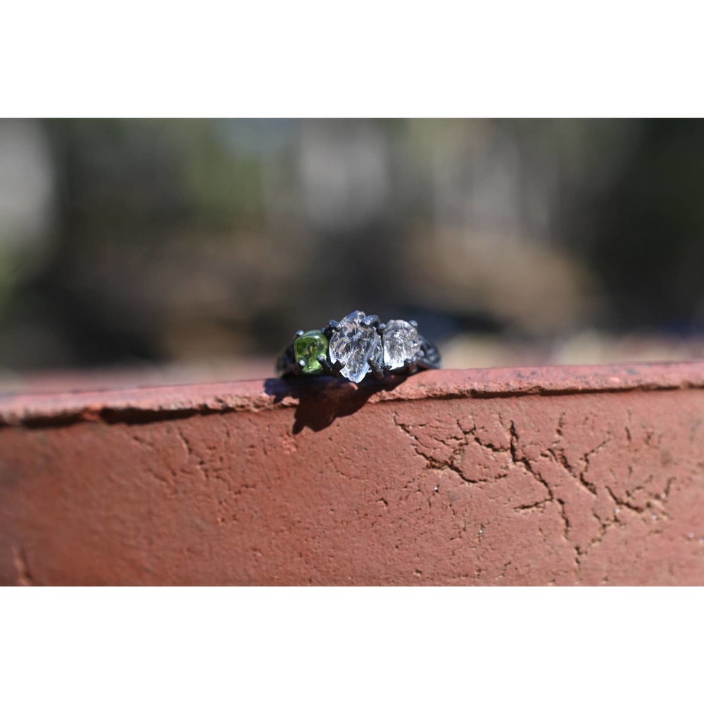 Unique Raw Peridot Engagement Ring, oxidized sterling silver, size 3 4 5…